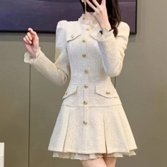 Apricot Elegant Women's Sequin Tweed Pleated Single Breasted Mini Dress - Picture 7 of 7